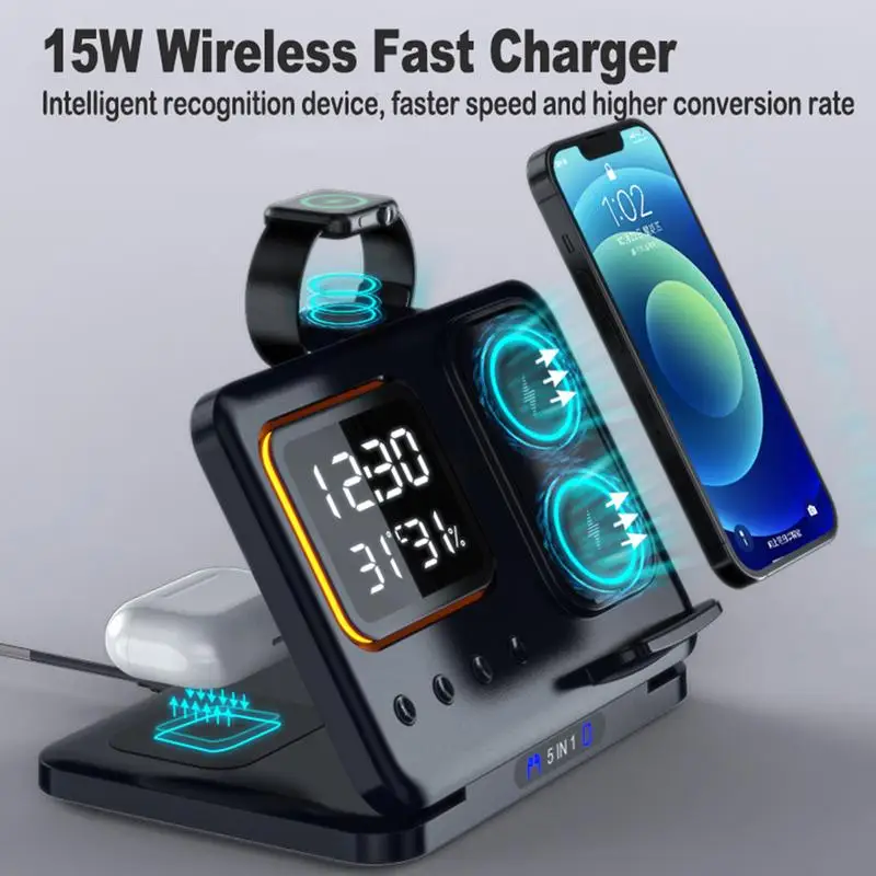 

Phone Charger Stand Foldable Wireless Charger Station with Temperature Display Multiple Device Charger Dock Intelligent and Safe