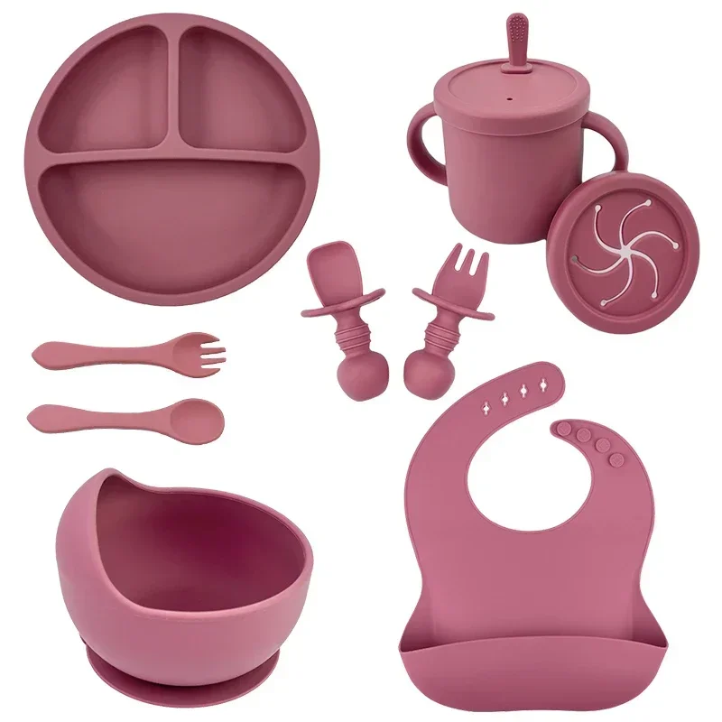 thumbnail image 1 of Juego de alimentación de bebé de silicona sin BPA, cuenco con ventosa, plato de comedor, taza de paja, cuchara, tenedores para niños, vajilla para bebés, platos para niños, 1 of 4