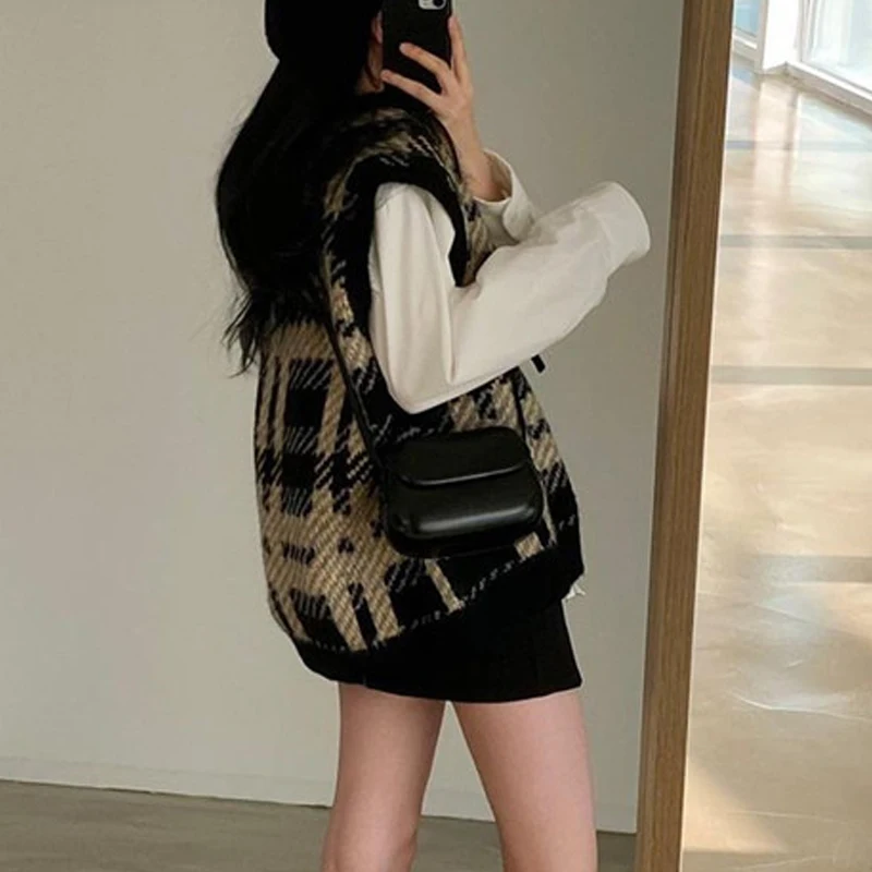 Autumn and Winter Fashion Casual V-Neck Women's Sweater Vest Vintage Plaid Loose Office Sleeveless Knitwear Cam Shoulder Vest
