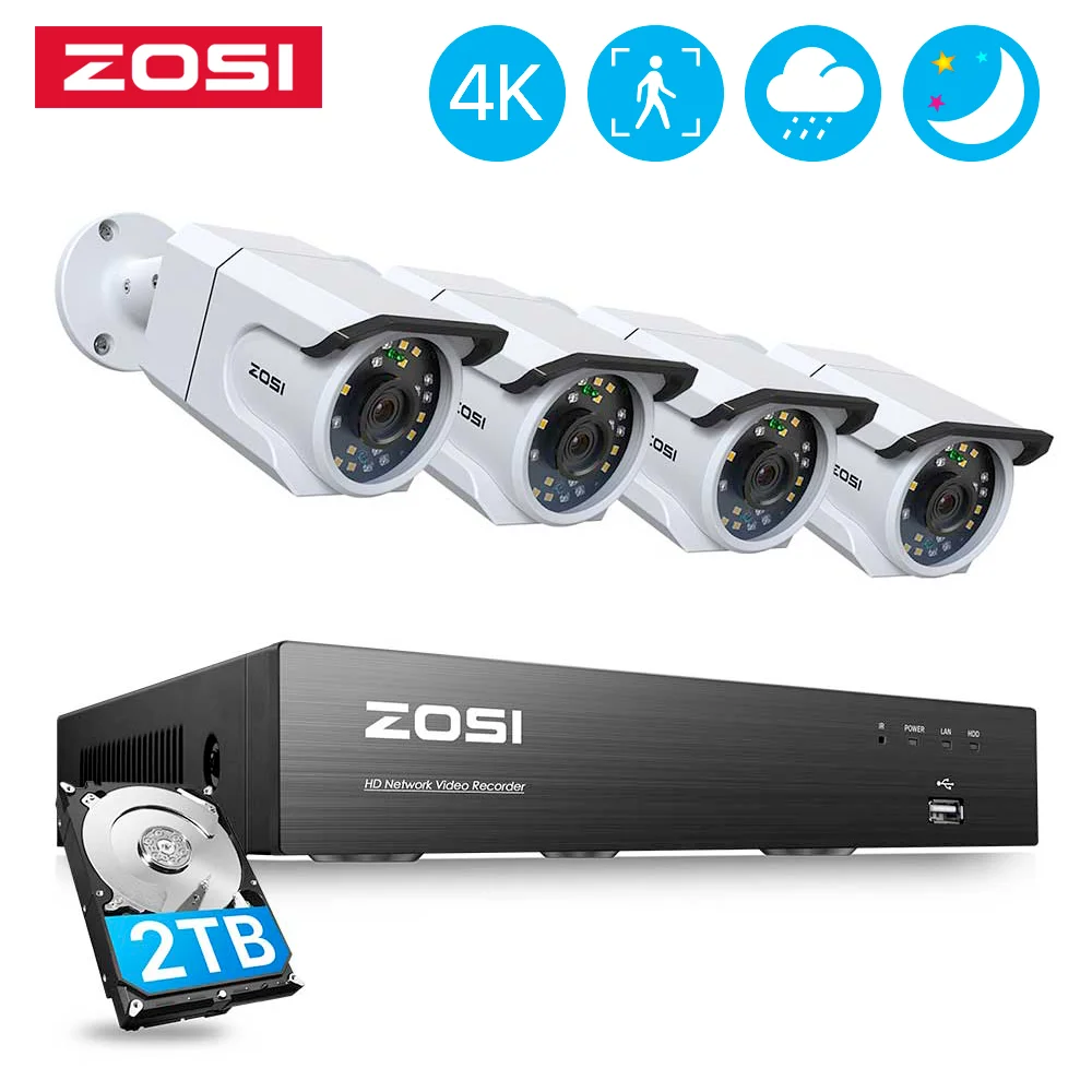 ZOSI 4K POE Security Surveillance Camera System Kit AI Face Detection Color Night Vision 8MP IP Camera CCTV Video 8CH NVR Set