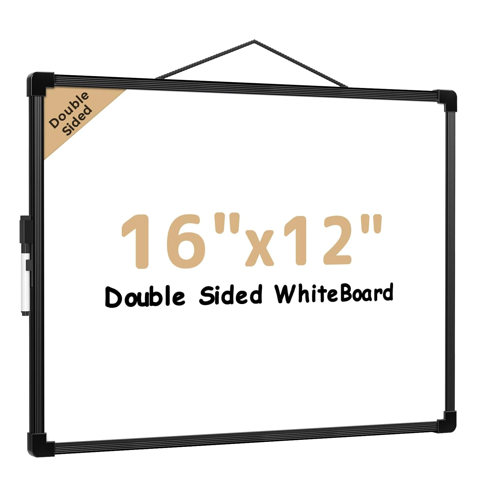 Dry Erase Board Double-Sided Small 16"x12" Hangable with Black Marker for Students Planning Writing Learning Drawing Art Black F