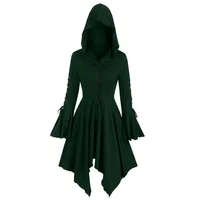 Hooded Dress for Women Lace-up Flare Sleeve Button-up Dress with Hood Black Dark Goth Witches Halloween Party Wear - Image 2