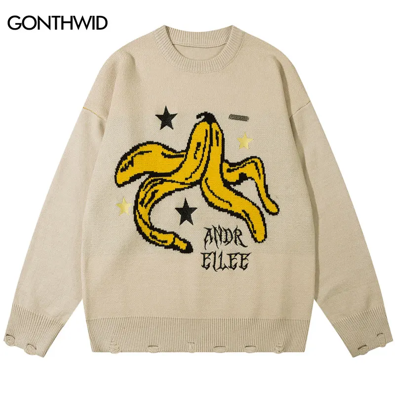 

Harajuku Banana Peel Ripped Sweater Hip Hop Knitted Embroidery Star Jumper Streetwear 2023 Men Fashion Loose Pullover Knitwear