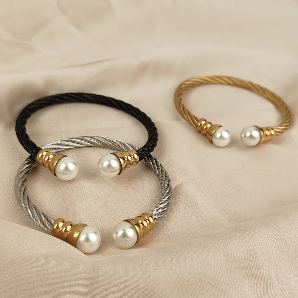 New double pearl stainless steel bracelet, twisted steel wire design, versatile jewelry, birthday gift 3