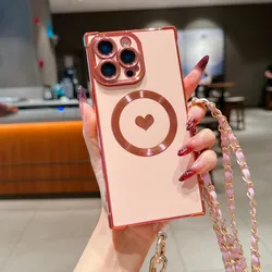 Crossbody Shockproof Square Phone Case with Plating Metal Leather and Lanyard Strap - iPhone 15 Plus (Pink jiuj)