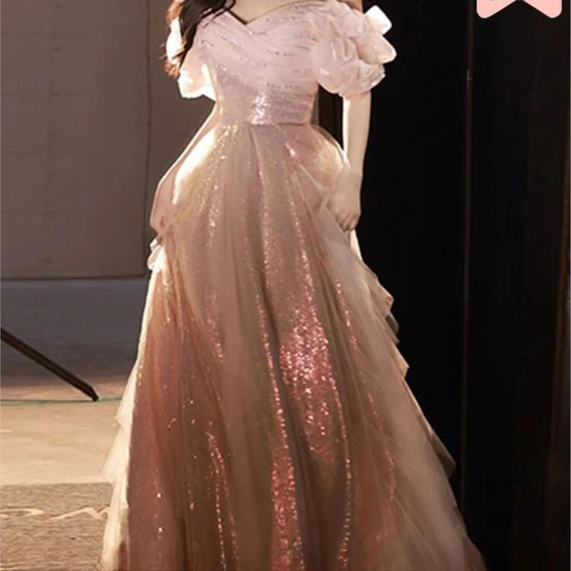 

off-Shoulder Pink Shiny Student Day Adult Ceremony Graduation Toast Dress