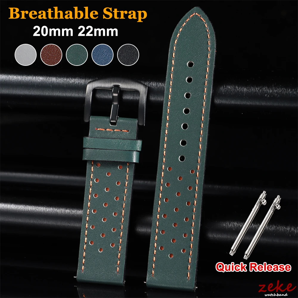 Vintage Handmade Leather Watch Strap - Quick Release, Breathable, Sport Design, Black & Brown, with Pin Buckle