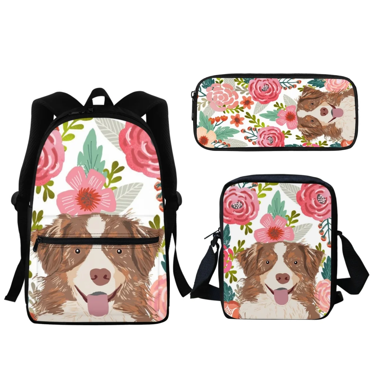 

Funny Cartoon Dog Floral Print School Bags 3PC Cute Animals Kids Zipper Backpack Boys Girls Back to School Gift Learning Tools
