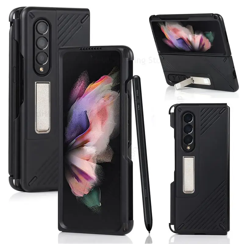 

Stylus Slot S Pen Holder Kickstand Case For Samsung Z Fold 3 5G Invisible Bracket Hard PC Protective Cover For Galaxy Z Fold3 5G