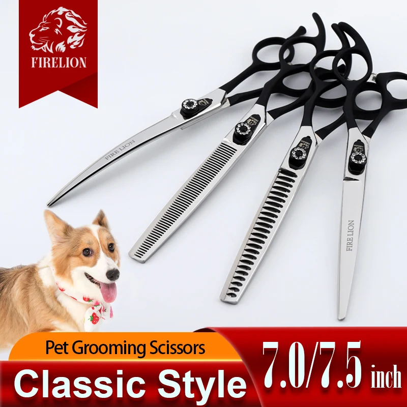 Dog Grooming Scissors FIRELION 7.0/7.5 Inch 440c Steel Professional Dog Cutting Thinning Curved Scissors Animals Pet Grooming Scissors for Dogs