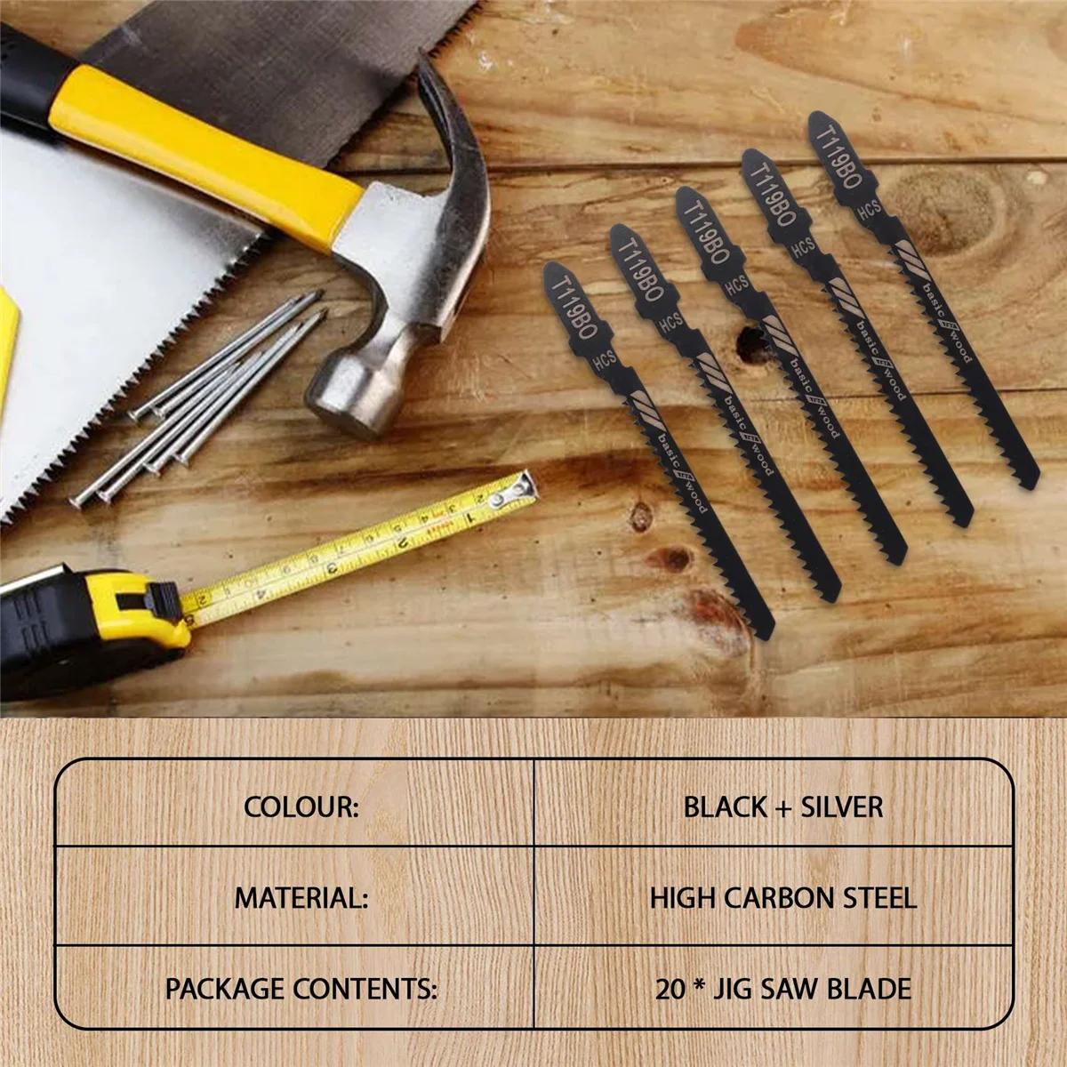 T생크 스크롤링 지그 톱날 세트, 정밀 목재 절단용, T119BO 12 TPI 모듬, 20 개