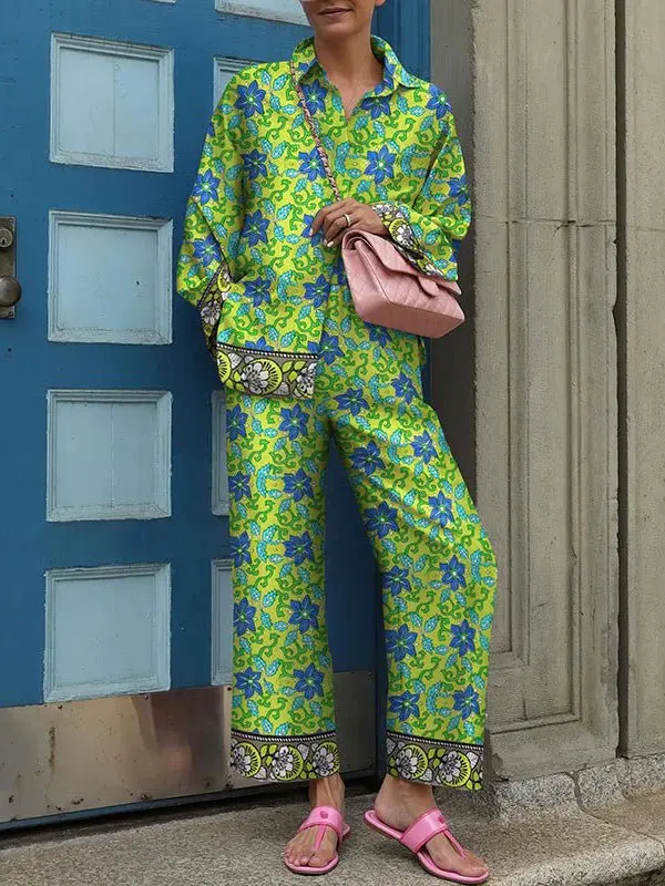 2024 Autumn New Loose Vintage Printed Pant Sets Women Long Sleeve Shirts And Wide Legs Trousers Two Piece Set Fashion Streetwear