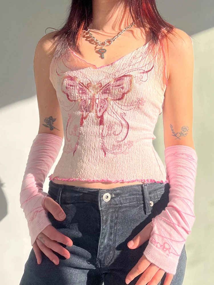 

WeiYao Pink Butterfly Cute Fairycore Y2K Cami Top Japanese Kawaii Hotsweet Clothes Women Sleeveless V Neck Cropped Summer Tops