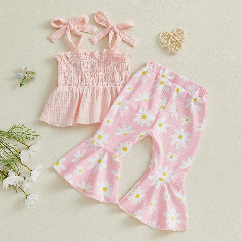 1-4years Kids Girls 2 Piece Outfits 타이 업 스트랩 스모크 캐미솔과 탄성 데이지 프린트 플레어 바지 여름 옷