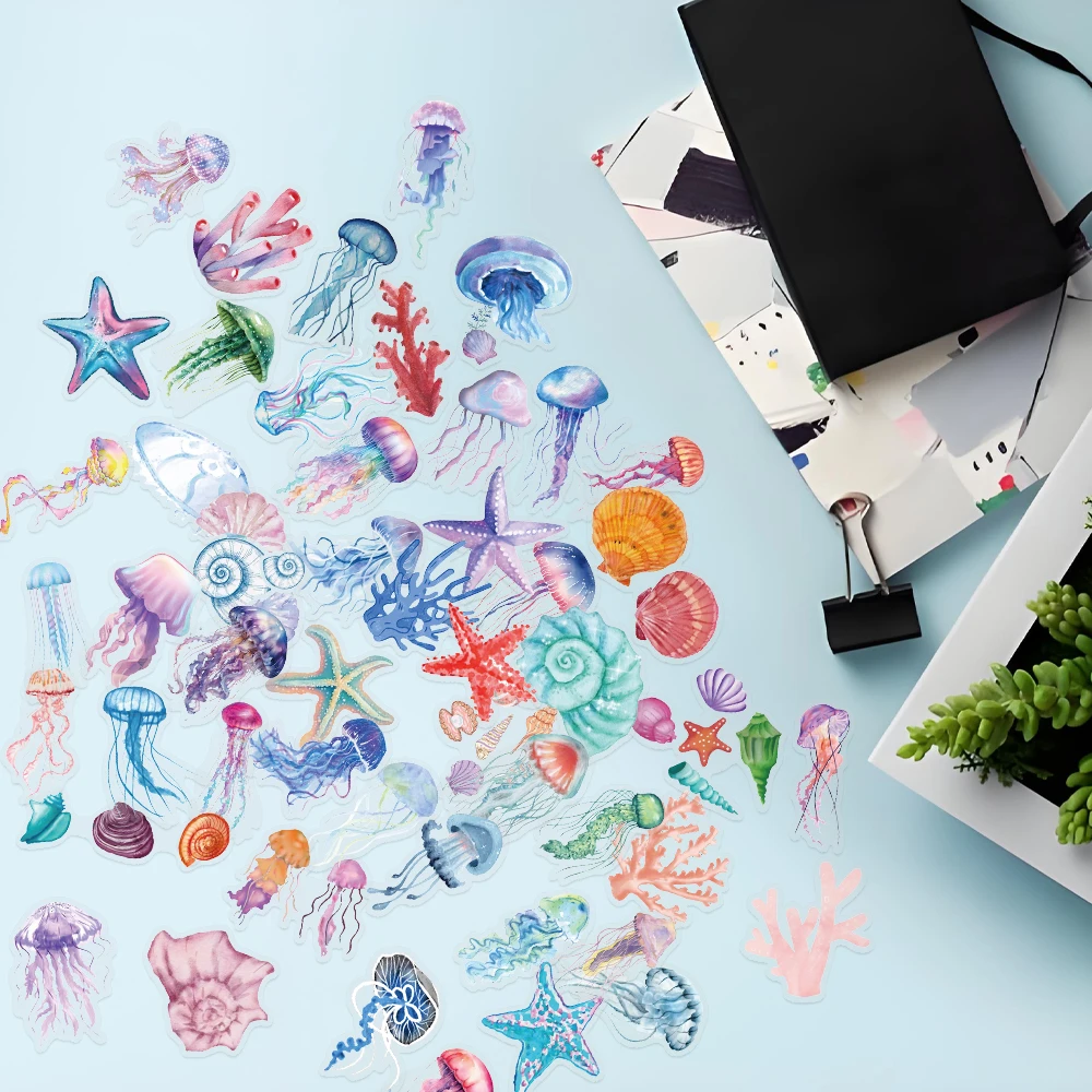 ?   50PCS 꿈같은 예술 열대어 PET 스티커 해파리 불가사리 조개 산호 스티커 장 프레임 선물 데칼