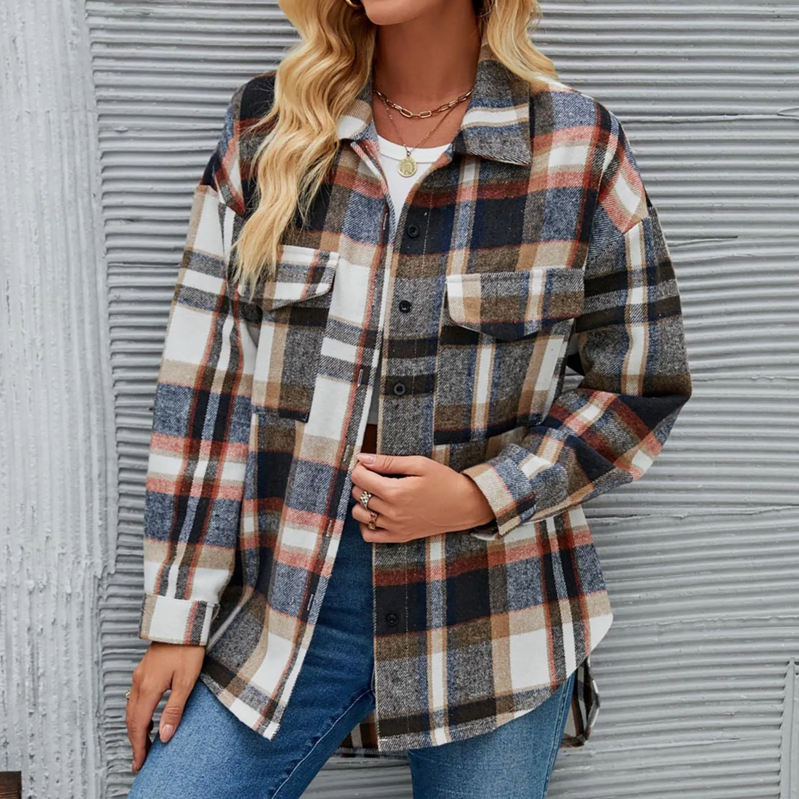 Women's Long Sleeve Woolen Plaid Jacket 3