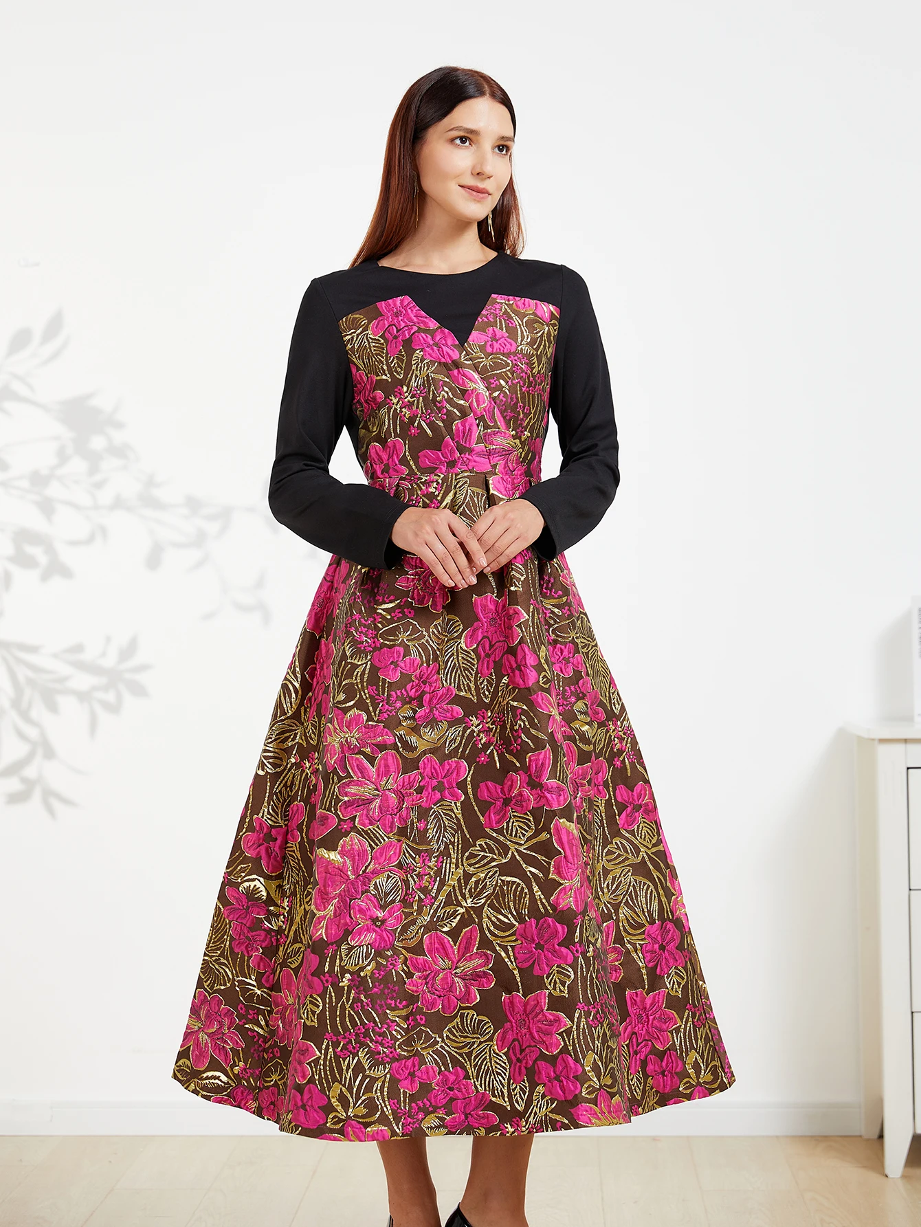 DEVCHATA Qualität Vintage Damen Jacquard Kleid Neue elegante Abendkleider gespleißt ​ ​ Langes Ballkleid mit Blumenmuster für Frühling und Herbst