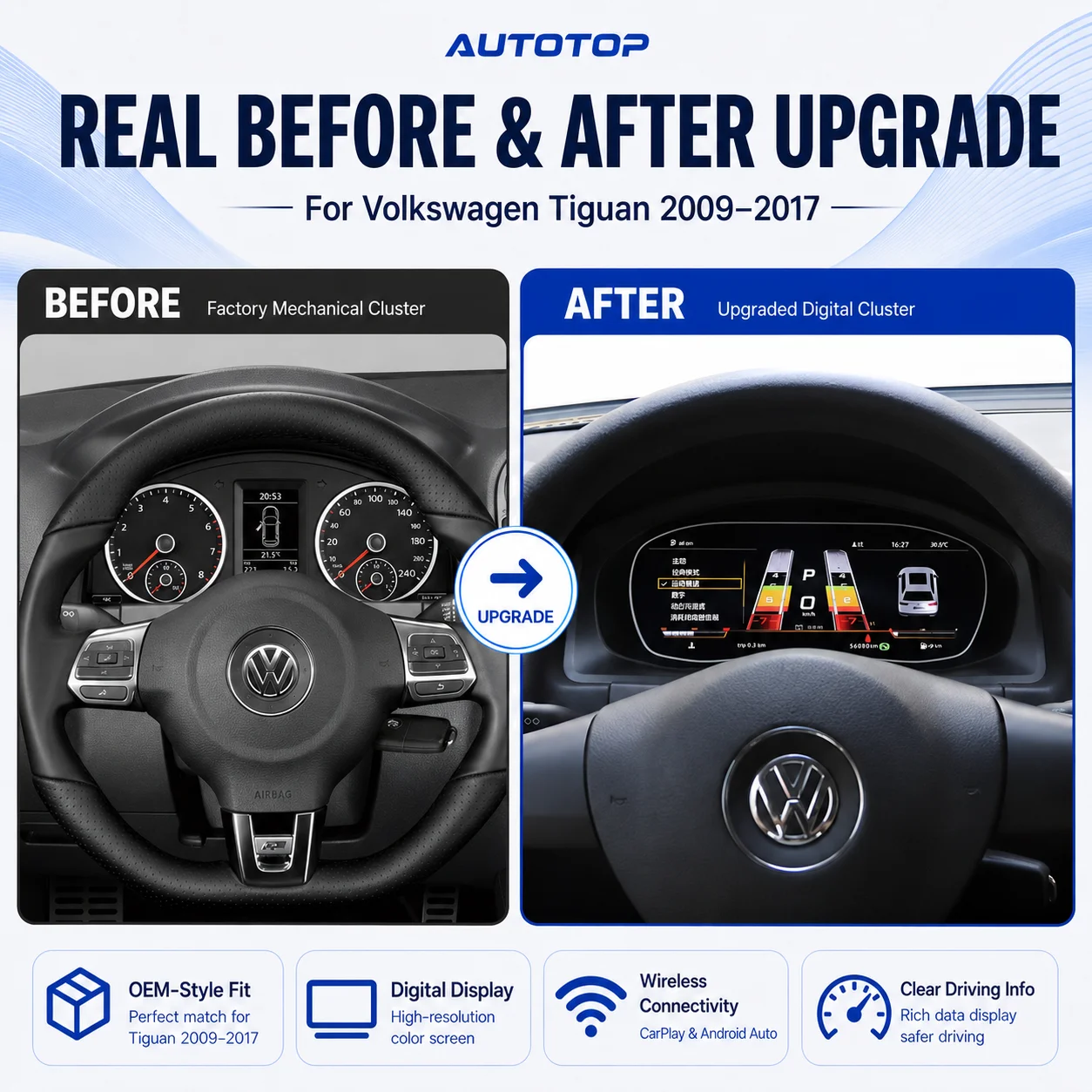 AUTOTOP Tablero de Instrumentos Digital de 12.3" para Volkswagen VW Tiguan 5N 2009-2017, Panel de Instrumentos LCD Completo con Pantalla Virtual, Velocímetro, Tacómetro, Reemplazo Inteligente para Tablero de Instrumentos, Compatible con CarPlay, Android Auto, AirPlay, AutoLink, Visualización de Datos del Vehículo. 2