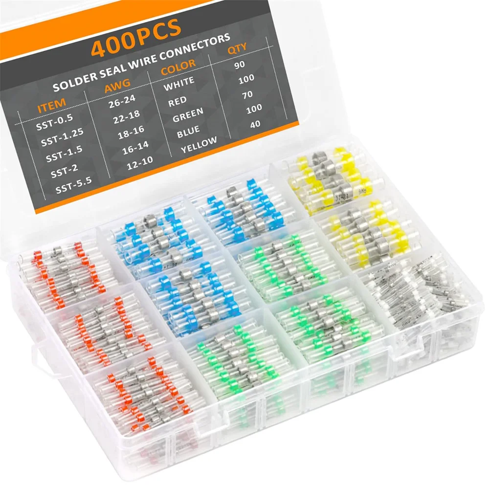 

400PCS Solder Seal Wire Connectors,Heat Shrink Butt Connectors Kit,Waterproof Insulated Electrical Butt Splice,Wire Terminals