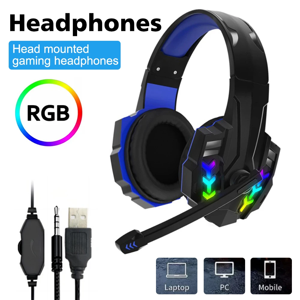 3.5mm USB Gaming Headphones Headset For PS4 PS5 Xbox One Laptop PC With LED Light RGB Wired HiFi Bass Stereo