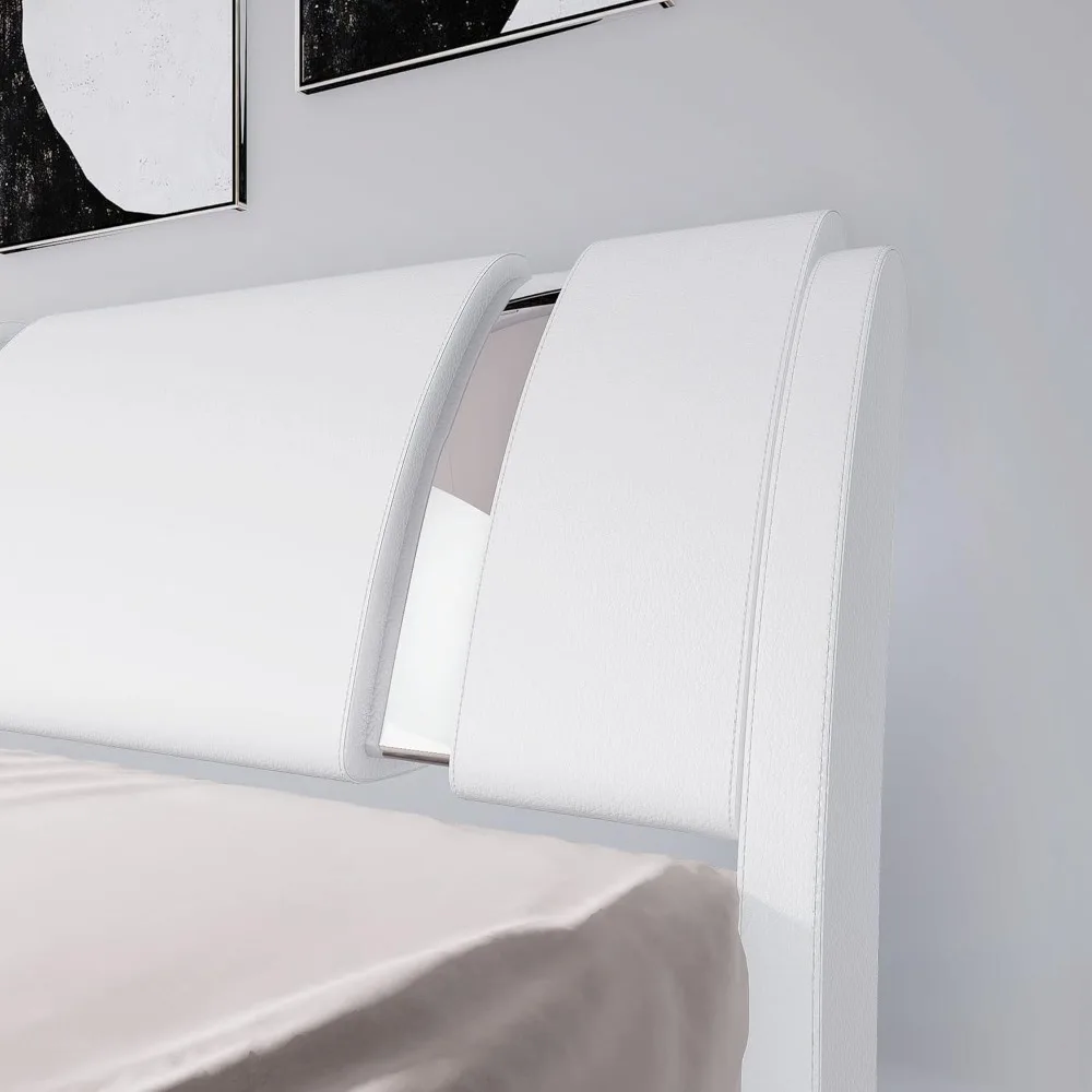 King Size Bed Frame with Iron Piece Decor, Faux Leather Upholstered Platform Beds with Adjustable Headboard, King Bed Frame 4