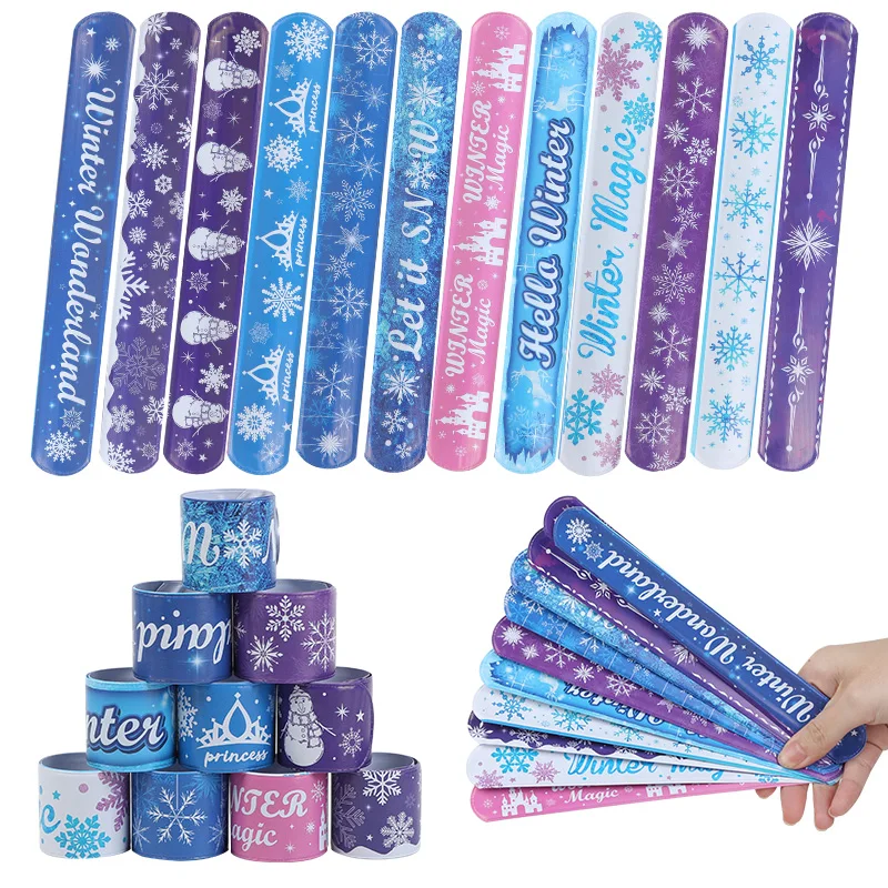 12Pcs Winter Snowflake Slap Bracelets for Kids Frozen Birthday Party Favors Goodie Bag Pinata Fillers Christmas Wristbands Gifts