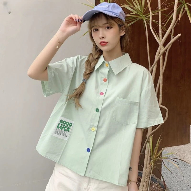 

Cargo Shirts Women Baggy Teens Girlish Streetwear Summer Patchwork Preppy Kawaii Clothes