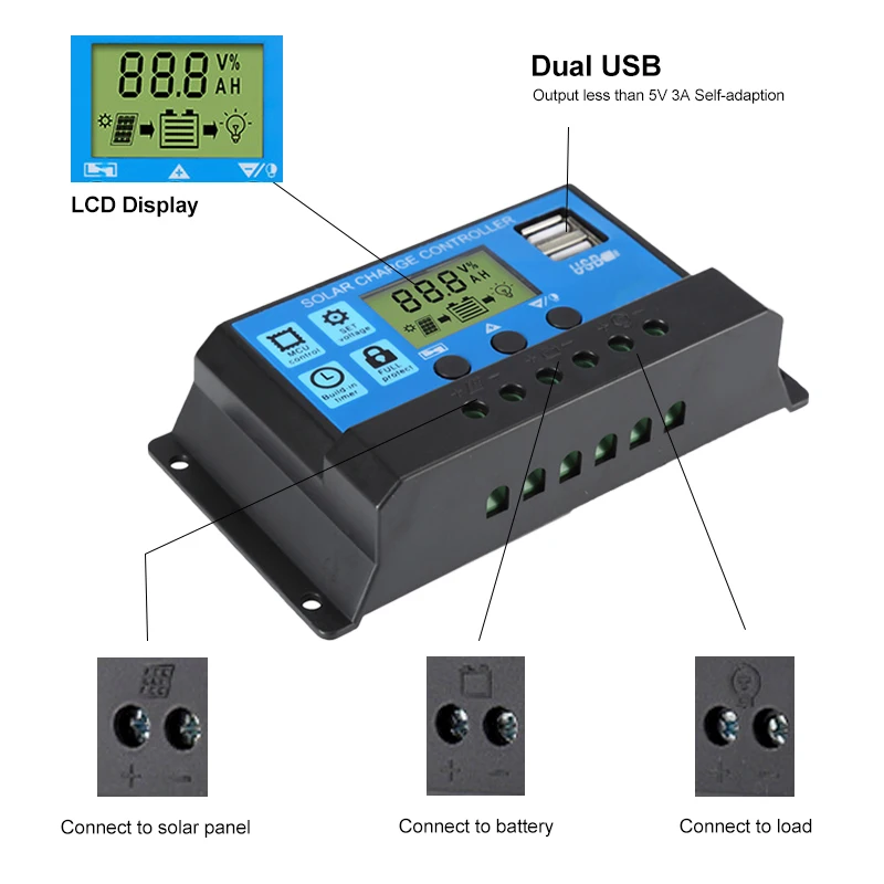 New Solar Controller Dual USB 5V Output LCD Display PWM Battery Charger 10A 12V/24V Solar Panel Charger Discharger Controller battery charger solar charger solar battery charge controller
