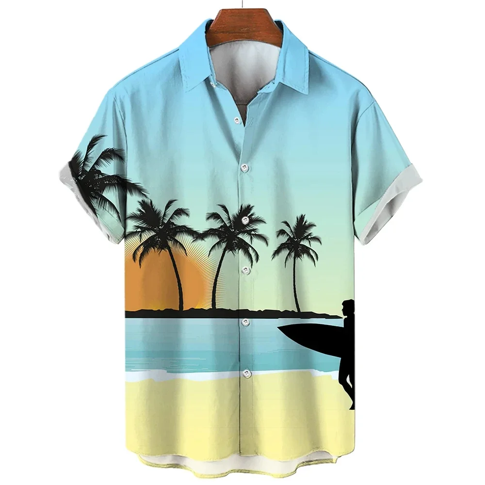 

Men's Short Sleeve Shirts Fashionable Hawaiian Sunset Pattern Print Tops Women's Casual Button Up Shirts Tops