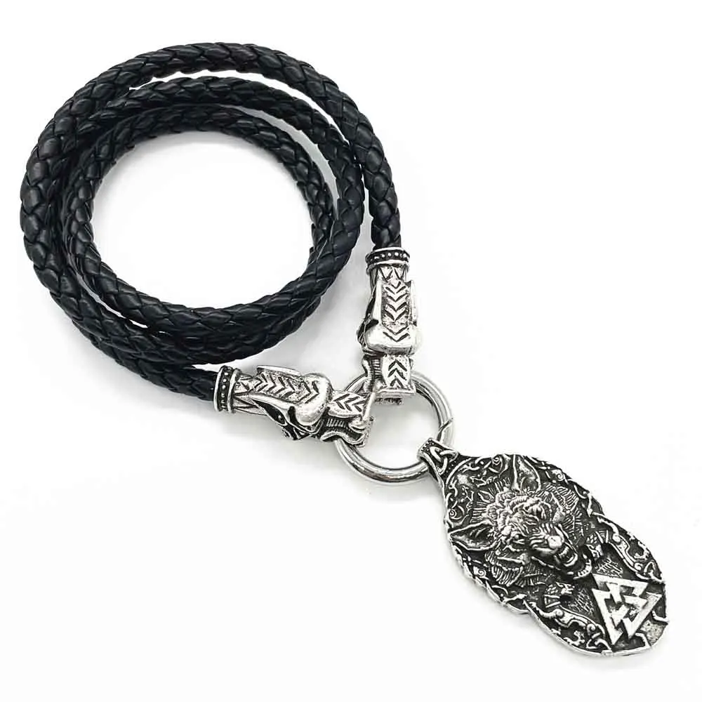

Nostalgia Viking Wolf Protect Me Norse Valknut Symbol Amulet Wolves Heads Leather Chain Men Necklace