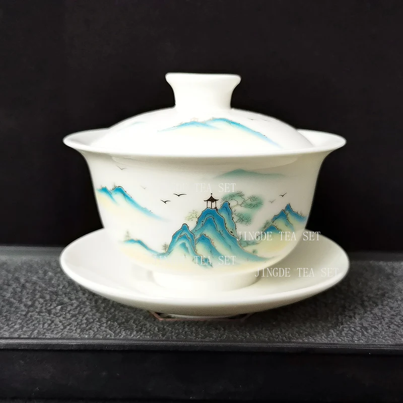 220ml Sheep Fat Jade Tea Bowl Ceramic Teacup Hovering Lid Bowl Home Kung Fu Tea Set High End Tea Infuser