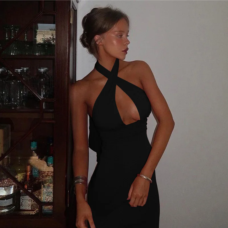 V-Neck Slim Hot Backless Mini Dress Female Bandage Solid Summer Halter Patchwork Elegant Party Dress Clothes Women Dress