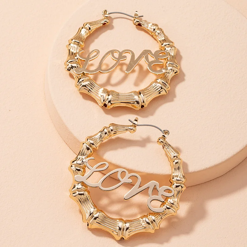 

30mm-100mm Bamboo Earrings Customize Name Earrings Custom Hoop Bamboo Style Personality Earrings With Stainless steel nameplate