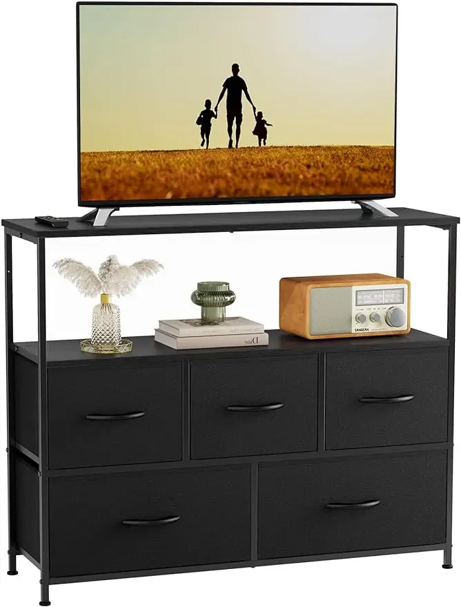

Sweetcrispy TV Stand for Bedroom TV Dresser for 45 inches, Media Console Table Entertainment Center with5 Fabric Drawers Cabinet