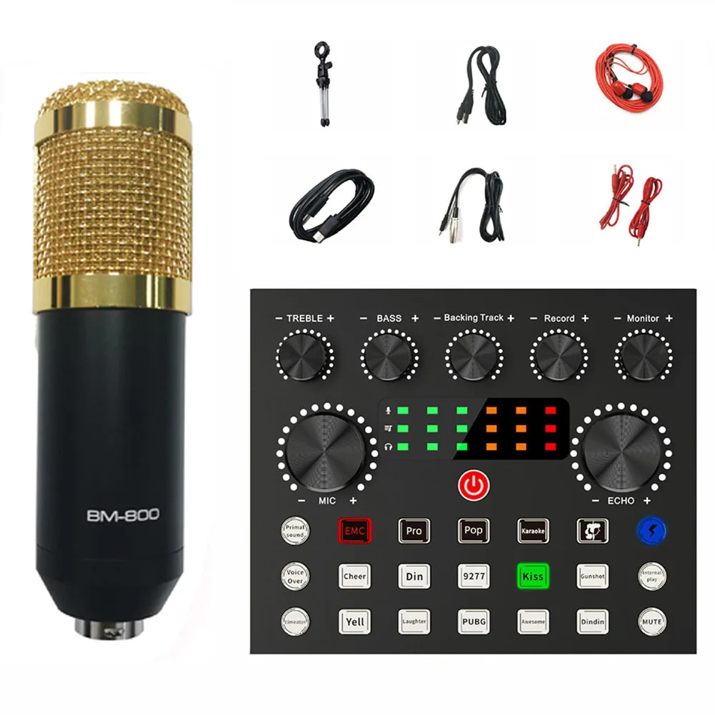 

V8S Sound Card With Microphone Tripod Cable Set For Vlog Recording Audio Live Streaming Condenser Mic Portable Audio