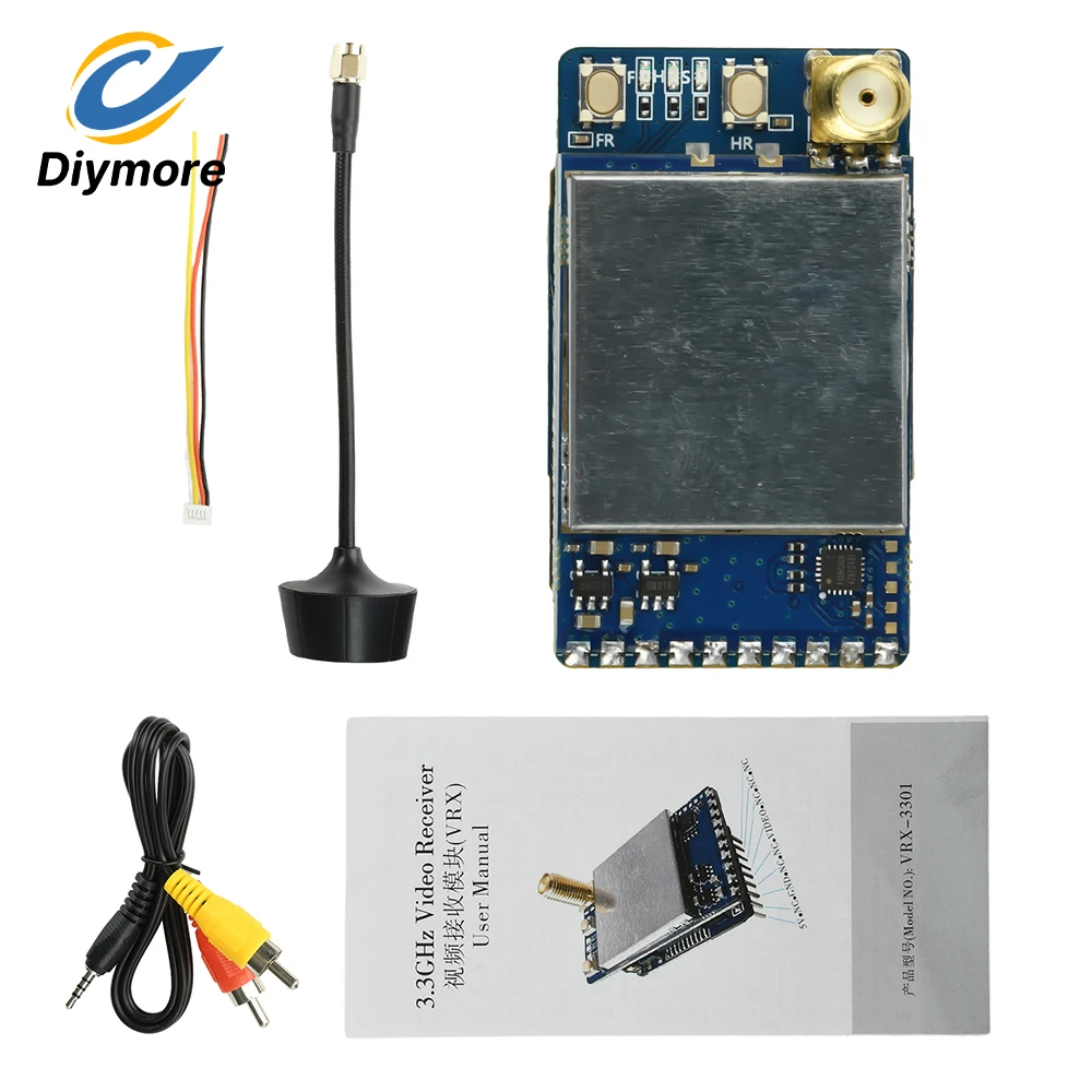 Détail des boutons et de l'écran OLED du module récepteur vidéo VRX-3301 3.3GHz 64 canaux pour lunettes FPV.