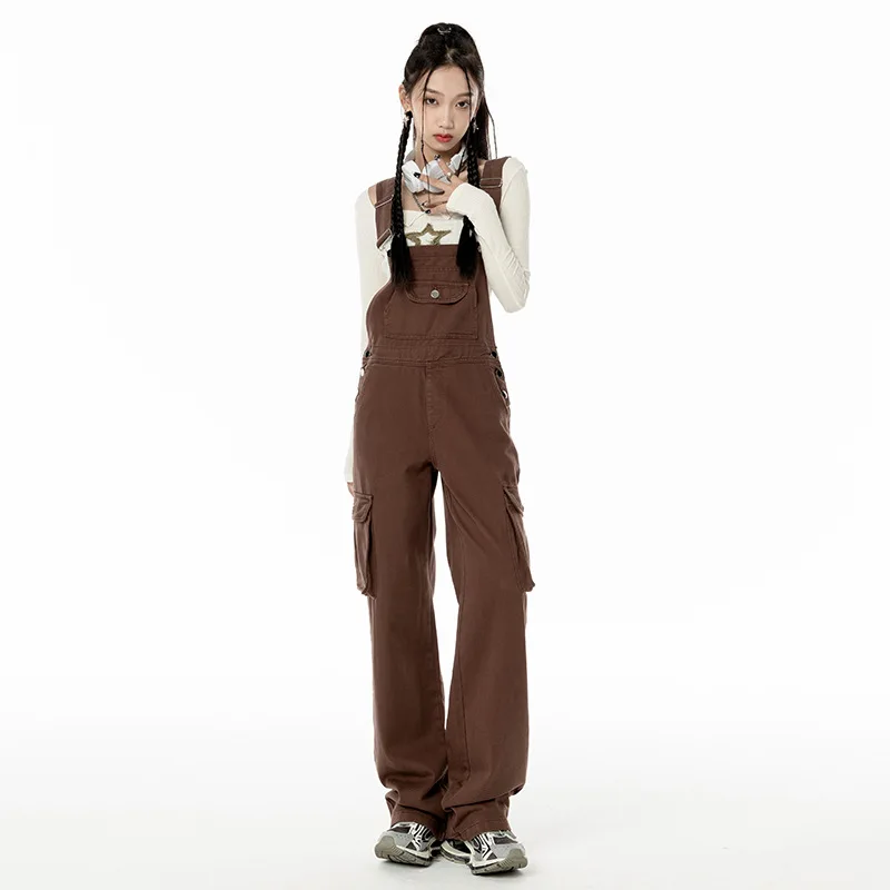 Coffee Color Working Bib Top Pants Loose Wide Leg Retro Straight Jeans Women Casual Dentage Overalls Pockets Coveral