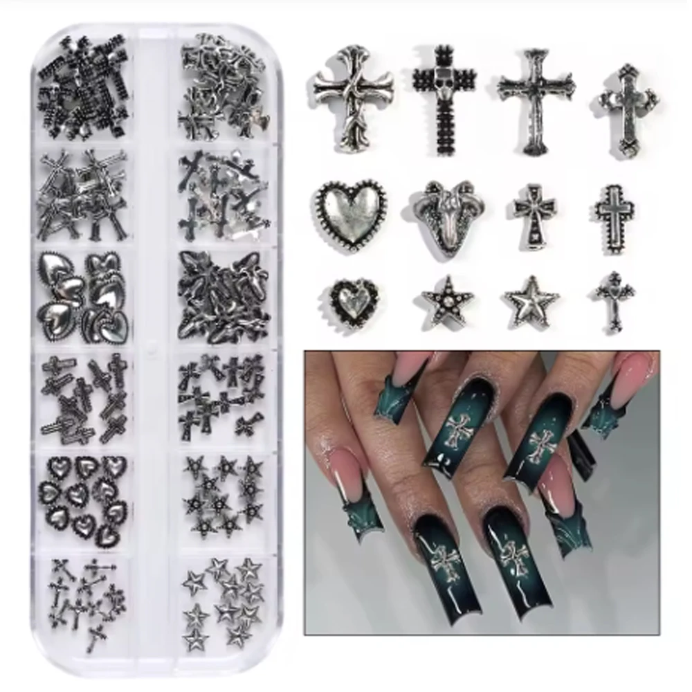 120 pcs / 1 box European American dark vintage style cross nail art patch y2k Premium Metal Style Heart Nail Metal Decorment Set