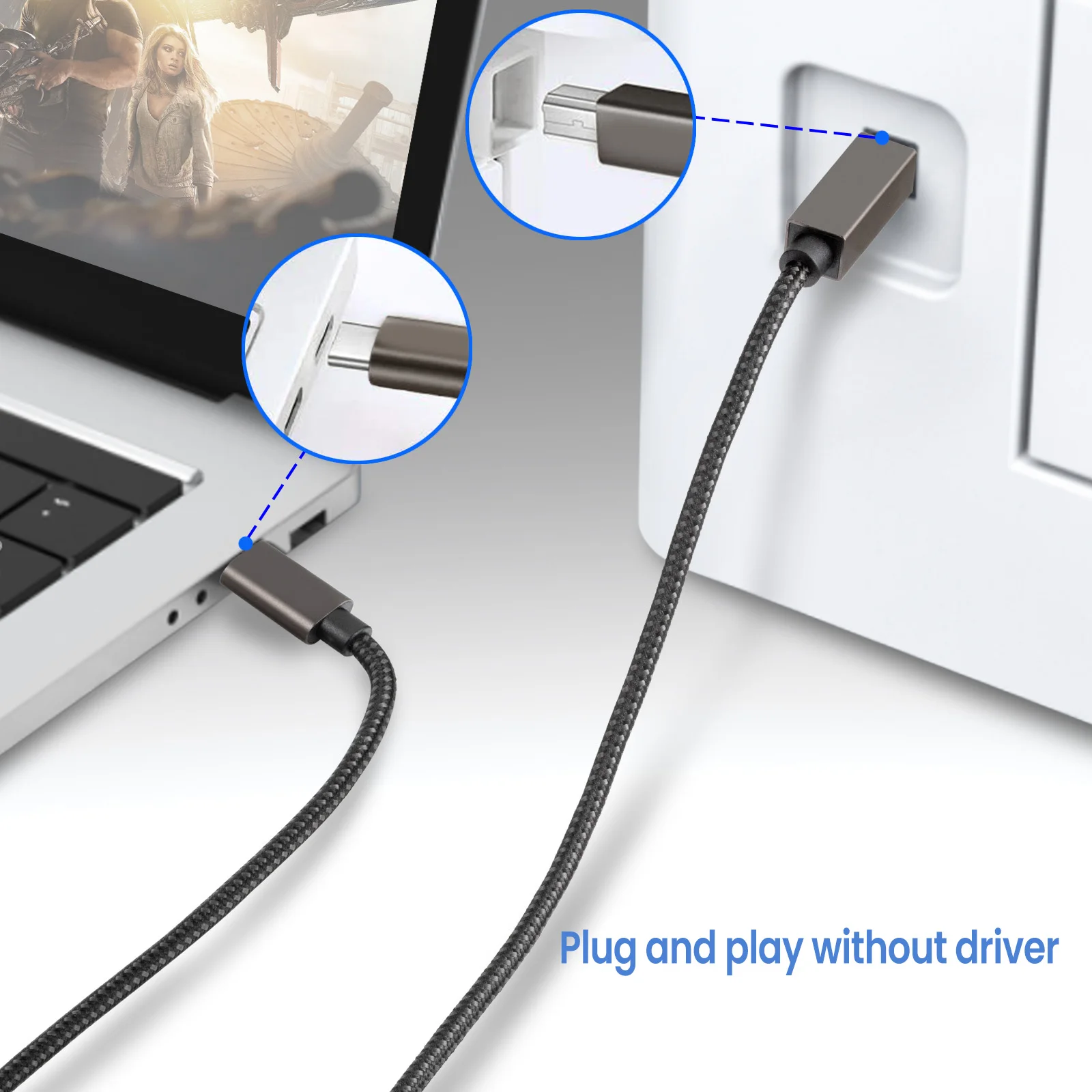 USB C USB A to USB B 2.0 프린터 케이블, 편조 프린터 스캐너 코드, 카메라 엡손 HP 캐논 프린터용, USB 프린터, 1/1 m, 2 m, 3m