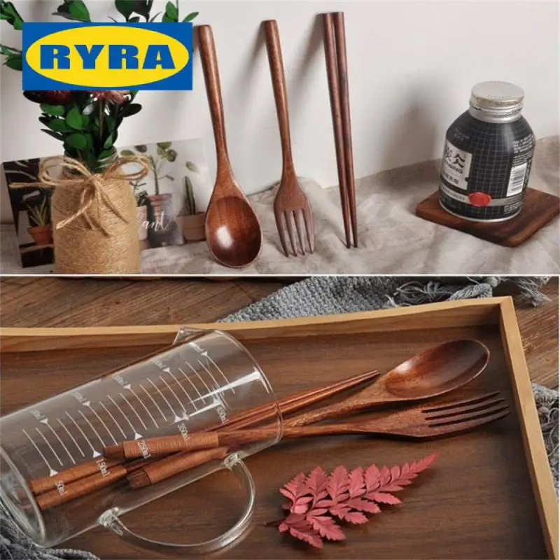 3 Pieces Tableware Natural Wood Dinnerware Spoon Chopsticks Fork Dinner Portable Tableware Grain Household Kitchen Cutlery Set