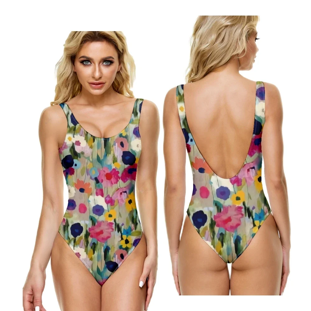 One Piece Swimsuit ​Bold Dahlia Florals Casual Tummy Control Beach Coastal Grandma Swimwear Sexy Trend Swimming Women Clothing