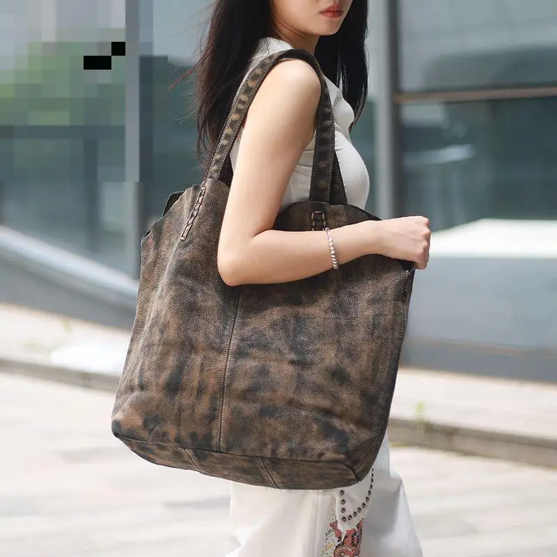 Vintage Top Layer Cowhide Large Capacity Shoulder Bag European/american Fashion Personalized Casual Versatile Tote Bag For Women