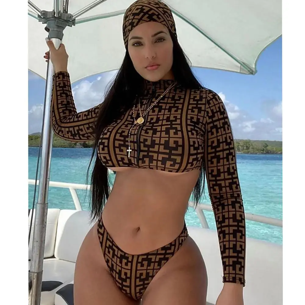 3 Piece Sunkini Set Geometric Print Bikini Plus Size Women Bandana Zipper Swimwear Split Bathing Suit Swimsuit 5XL Without Hat