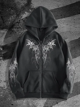 Best-selling Original Dark-style Printed Design Zipper Hooded Sweatshirt, Trendy Street Fashion Trend Zipper Hooded Sweatshirt