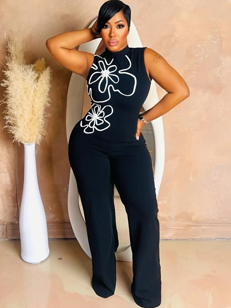 Wmstar jumpsuit women wholesale Sleeveless one piece flower print bodycon trousers round neck sexy hip wrapped style romper