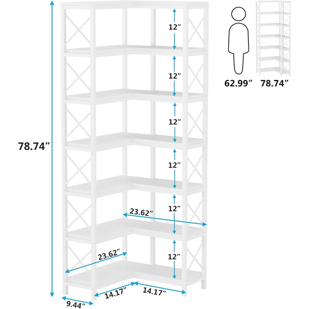 7-Shelf Corner Bookshelf,Large Modern Corner Bookcase, 7-Tier Tall Corner Shelf Storage Display Rack with Metal Frame for Livin 2