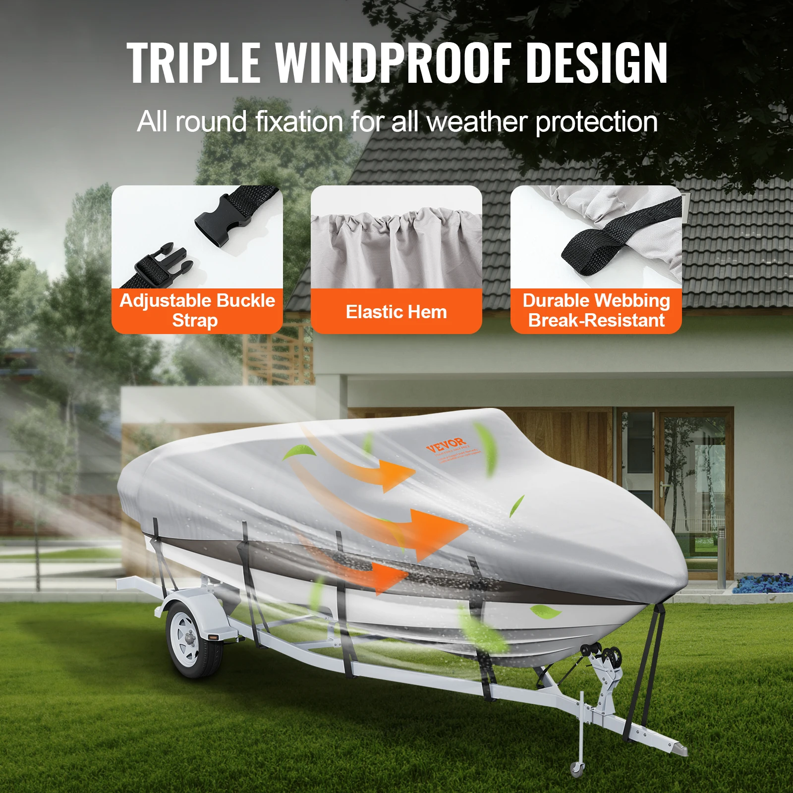 Boat cover,fishing boat cover VEVOR boat cover 17'-19' trailerable waterproof boat cover 600D marine grade PU Oxford with motor and buckle straps grey