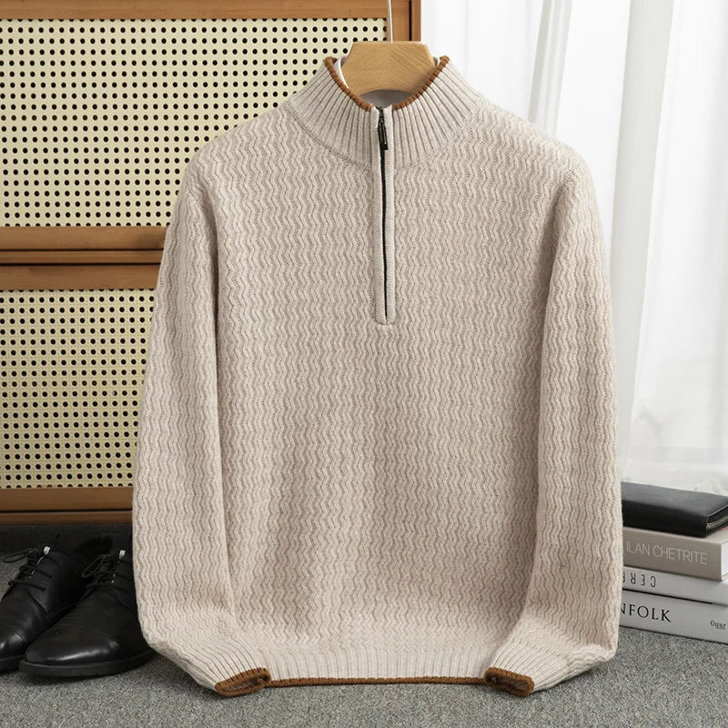 Contrast color Half zip Autumn/winter new 100% Merino wool cashmere sweater men's half turtleneck pullover warm bottom knitshirt 5