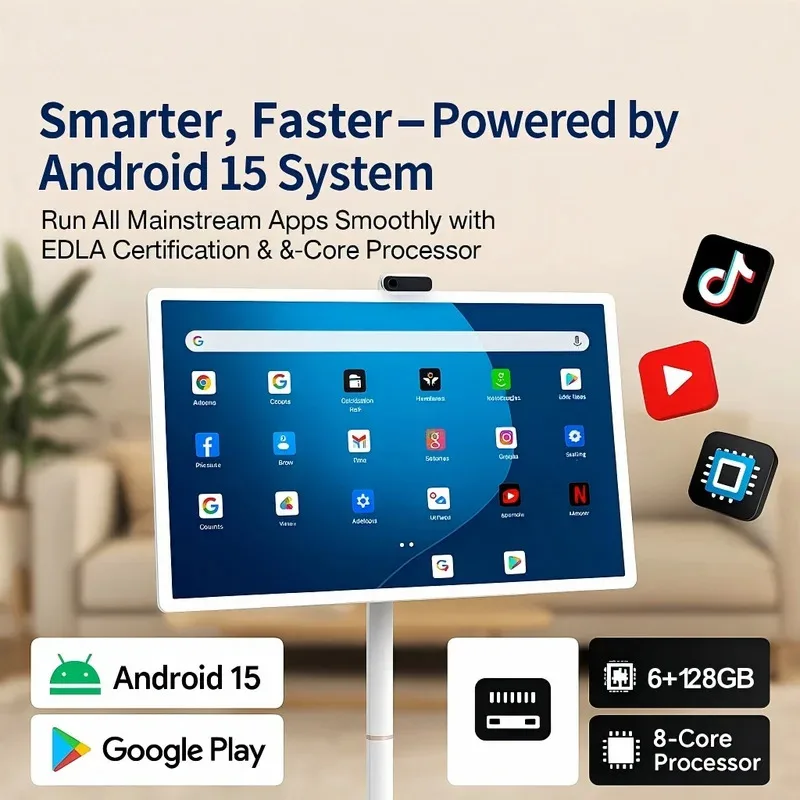 32인치 안드로이드 15 스마트 TV, 6G+128G 플로어 스탠드 태블릿 리모컨 포함, 2K 카메라 영상 통화, 내장 148W 배터리