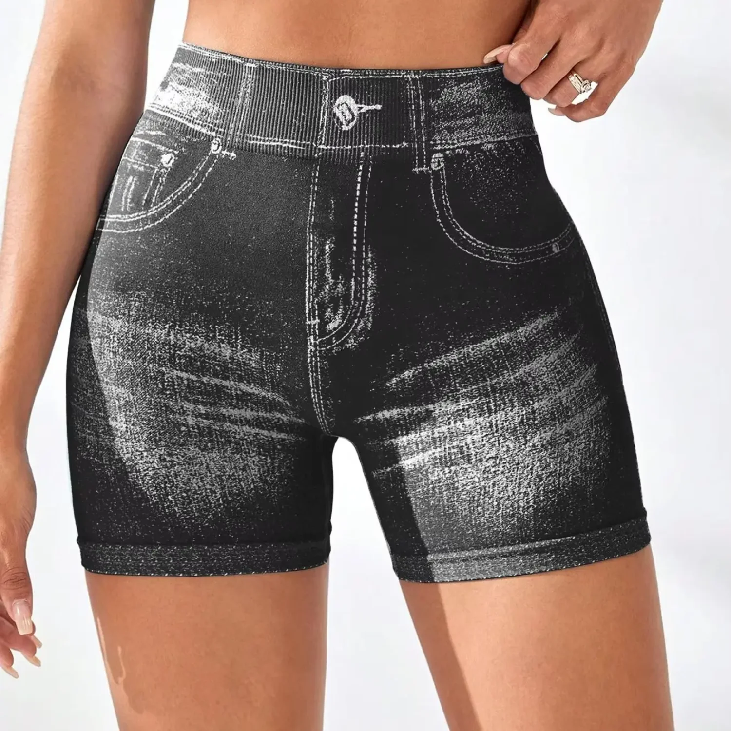 Pantaloncini sportivi da donna con schiena a V, effetto jeans, elasticizzati, per allenamento, yoga, leggings push-up, fitness, atletici, senza cuciture.